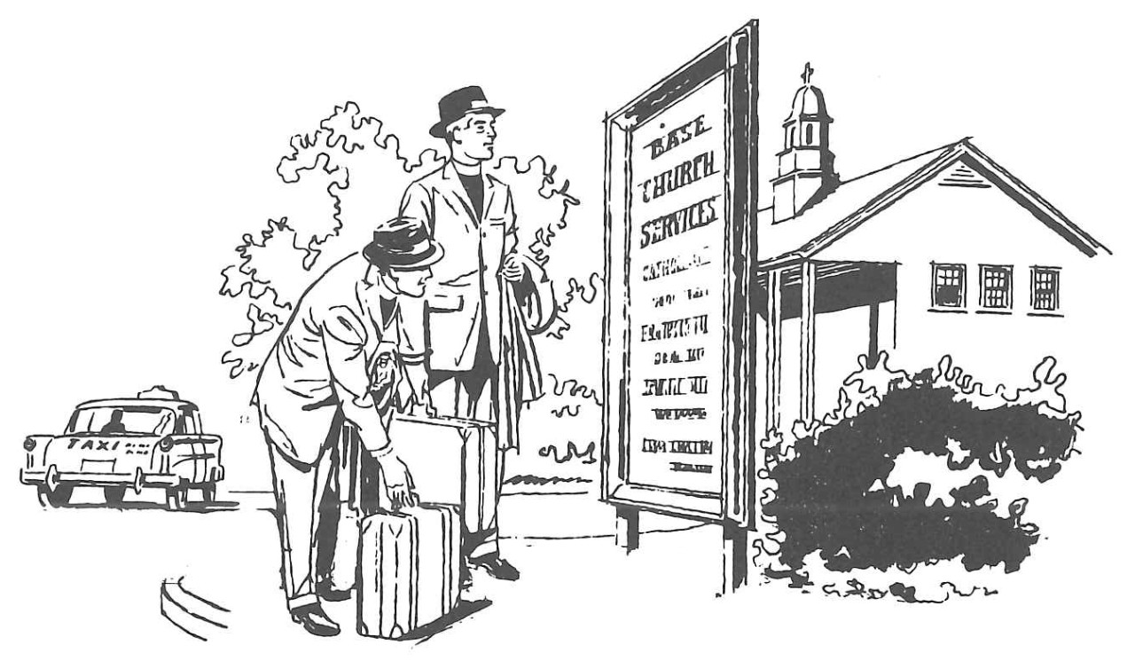 Drawing of two chaplains outside a church