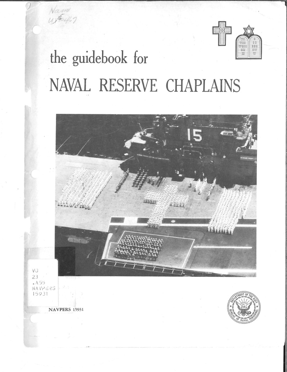 Cover page of book with aerial view of Navy seamen and Ship 15