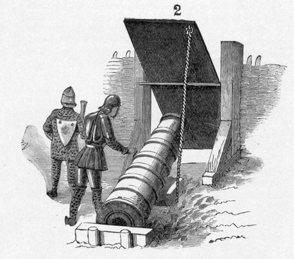 Figure 2, page 17. Fig. 2 shows a blind or mantlet to a breech-loading cannon known at the time as a schirmdach.