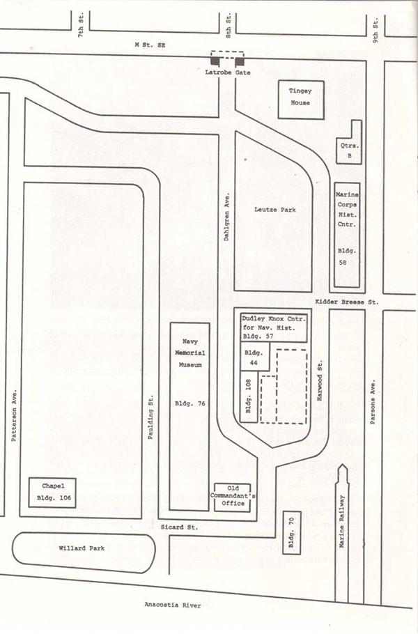 Map: Line drawing showing location of Naval Historical Center's buildings within the Washington Navy Yard.
