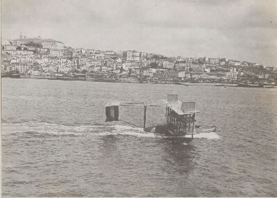 The NC-4 Seaplane taxies in Lisbon Harbor, Portugal, 29 May 1919, after completing the first trans-Atlantic flight