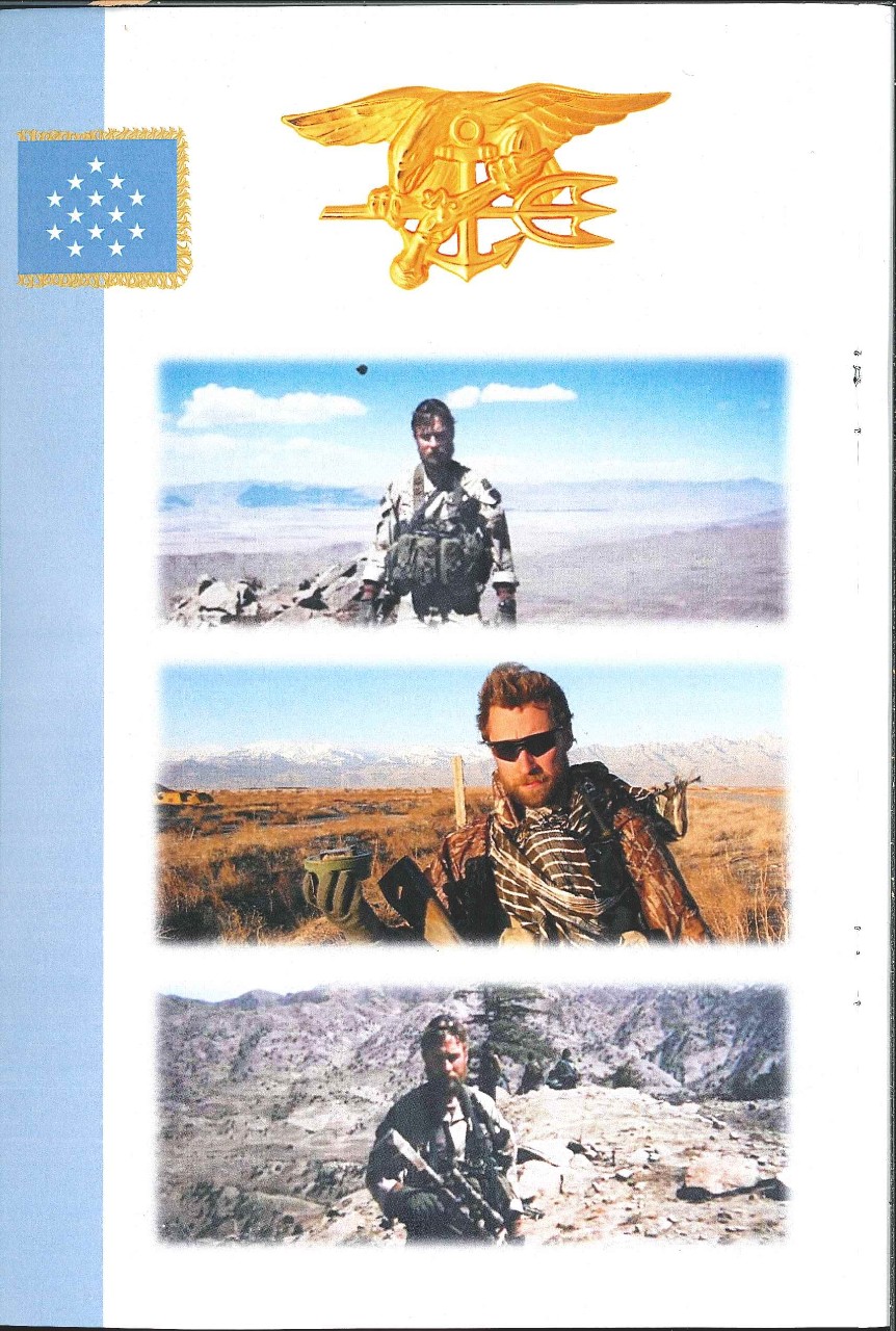 Jpeg version of Page 2 of the Medal of Honor commemorative booklet presented at the Hall of Heroes Induction ceremony for Britt K. Slabinksi. The page includes a picture of the Navy Seal insignia, 3 photographs of Master Chief Britt K Slabinski d...