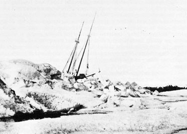 Image of ship Rosario crushed by ice at Point Barrow.