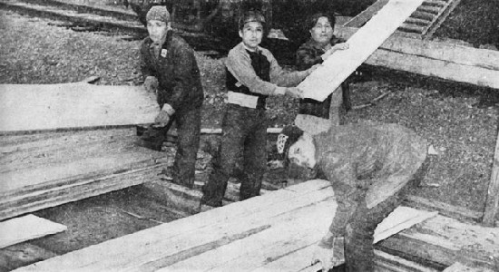 Image: Indians unload Oregon timber at the Naval Supply Depot. Official U.S. Navy Photo.