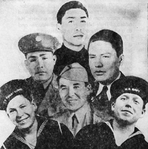 Image: Top, S-Sgt. Judson Brave; center, S-Sgt. Francis Brave, S-Sgt, Waldron Frazier, Cpl Alexander Brave; bottom, Ronald and Donald Frazier. 