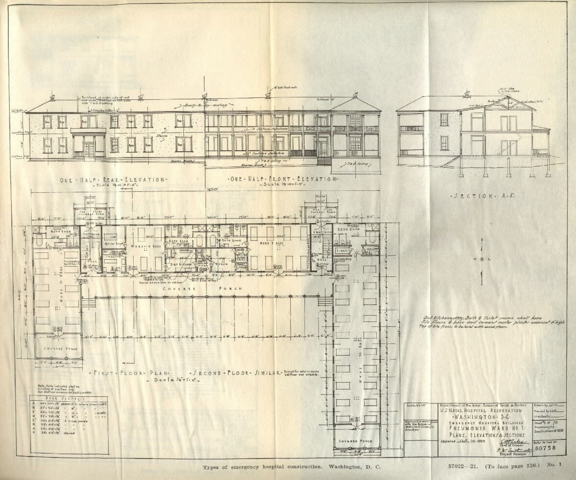 Department of Navy. Bureau of Yards and Docks. US Naval Hospital Reservation, Washington, DC. Emergency Hospital Buildings, Pneumonia Ward No.1, Plans, Elevations & Sections, Drawn by LLH. Traced by LLH. Approved Oct. 10. 1918. Approved in accord...