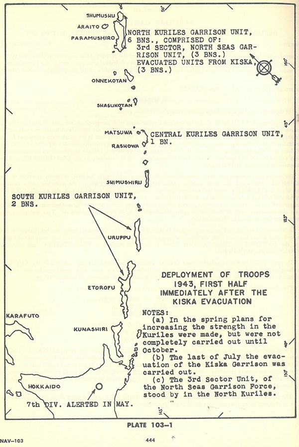 Plate 103-1: Chart showing deployment of troops 1943, first half immediately after the KISKA evacuation.