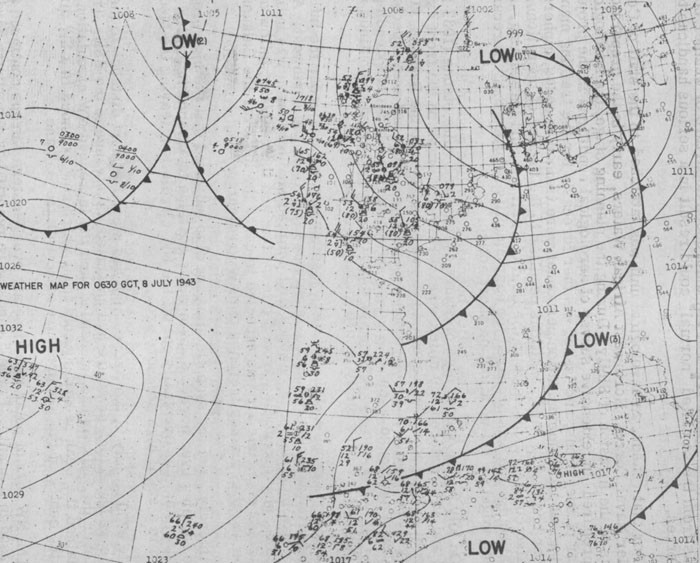 Weather Map for 0630 GCT, 8 July 1943. 