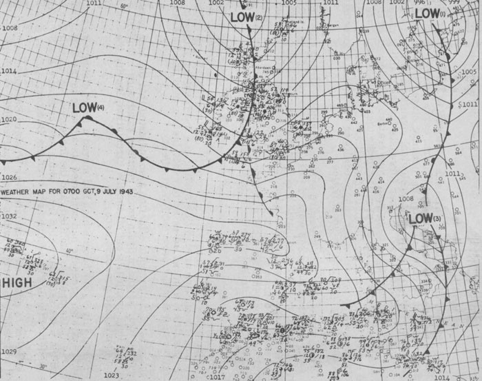 Weather Map for 0700 GCT, 9 July 1943. 