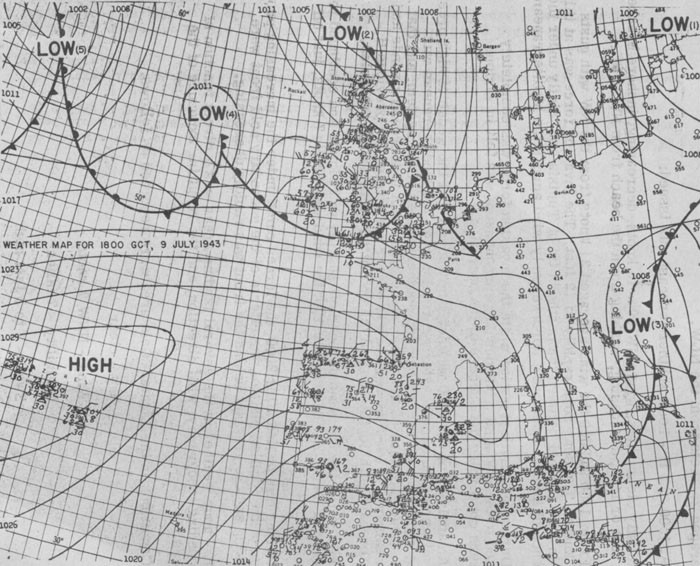 Weather Map for 1800 GCT, 9 July 1943.