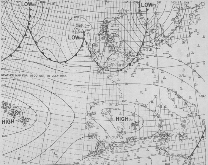 Weather Map for 0600 GCT, 10 July 1943.