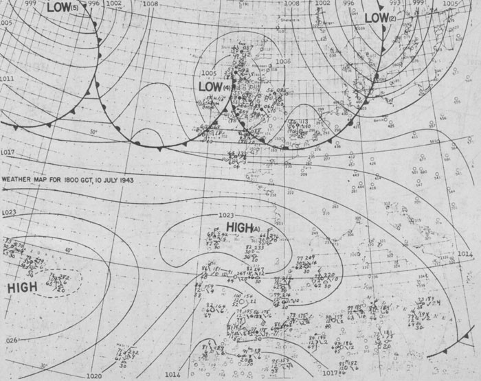Weather Map for 1800 GCT, 10 July 1943. 