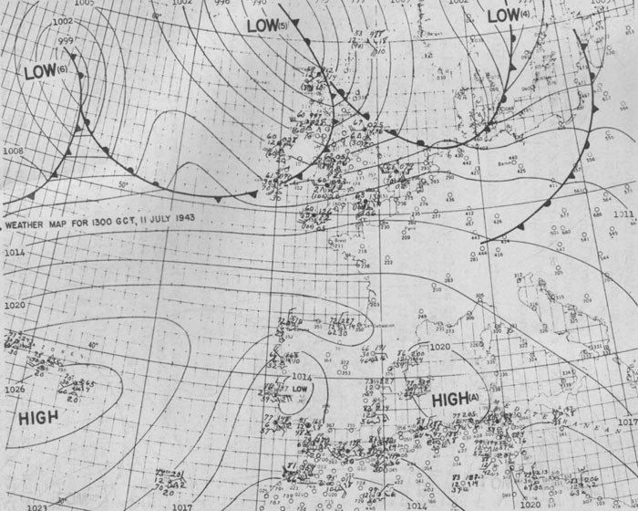 Weather Map for 1300 GCT, 11 July 1943. 