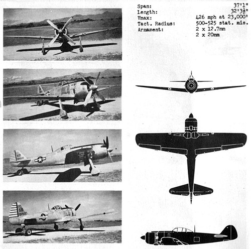 Four images and three silhouettes of FRANK I Army Fighter with dimensions.