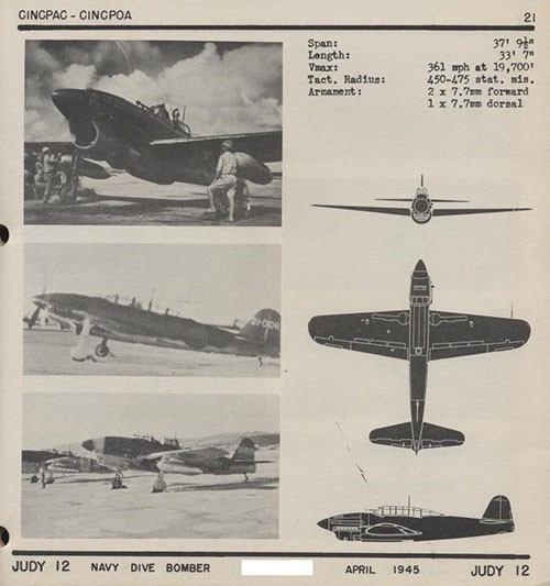 Three images and three silhouettes of JUDY 12 Navy Dive Bomber with dimensions.