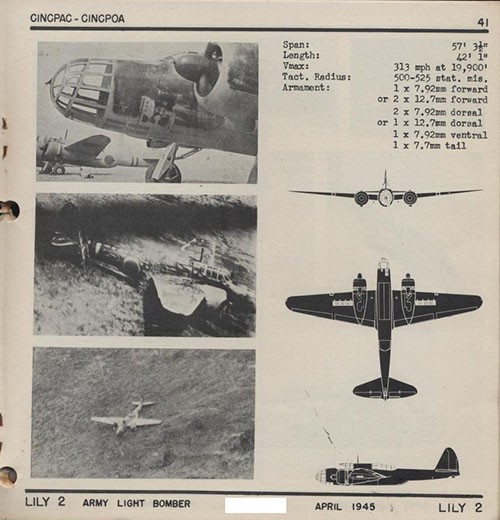 Three images and three silhouettes of LILY 2 Army Light Bomber with dimensions.
