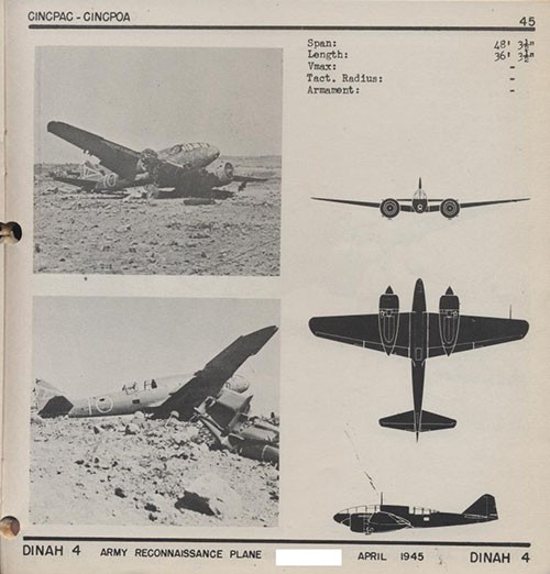 Two images and three silhouettes of DINAH 4 Army Reconnaissance Plane with dimensions.
