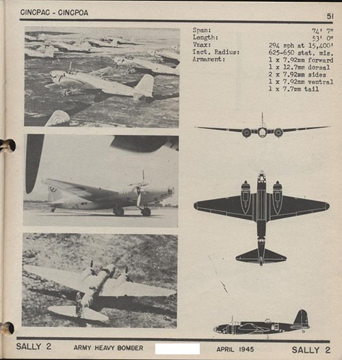 Three images and three silhouettes of SALLY 2 Army Heavy Bomber with dimensions.