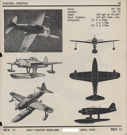 One image, two drawings, and three silhouettes of REX II Navy Fighter Seaplane with dimensions.