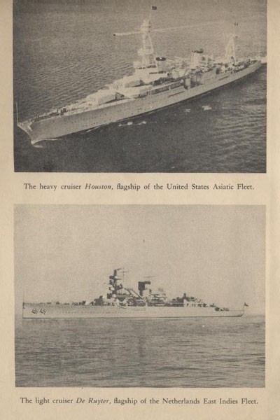 Top: The heavy cruiser Houston, flagship of the United States Asiatic Fleet. Bottom: The light cruiser De Ruyter, flagship of the Netherlands East Indies Fleet.