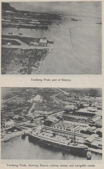 Top: Tandjong, Priok, port of Batavia. Bottom: Tandjong Priok, showing Batavia railway station and navigable canals.