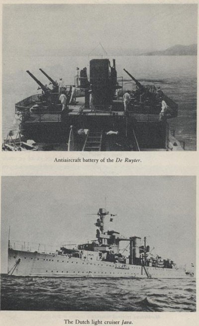 Top: Antiaircraft battery of the De Ruyter. Bottom: The Dutch light cruiser Java.