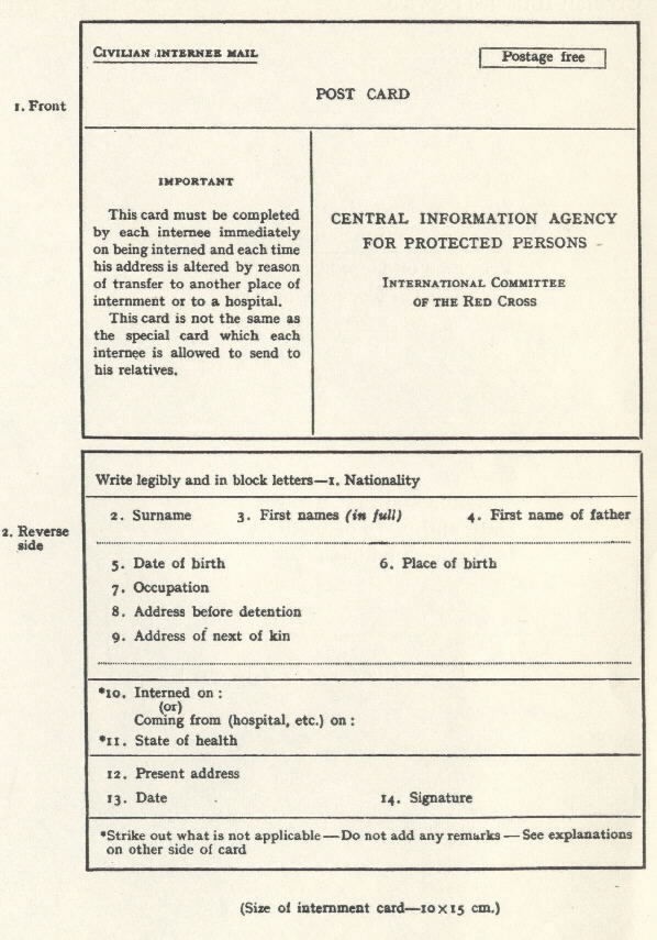Image of internment card - text below image.