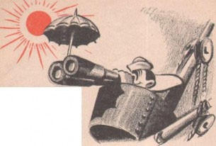 Cartoonish image of a sailor in a crow's nest, looking through a pair of binoculars with an umbrella giving shade from the sun.