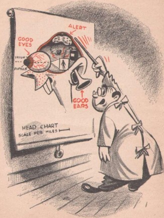 Cartoonish figure of a man in a lab coat pointing to a head chart indicating good ears, eyes and  an alert brain.