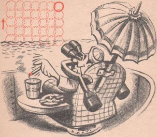 Cartoonish image of a sailor sitting under an umbrella looking through a pair of binoculars scanning the horizon.