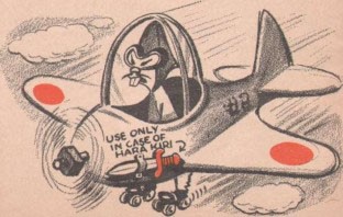 Cartoonish image of a Japanese plane and pilot, with a knife attached to the side - use only in case of hara kiri - pointed at the knife. 