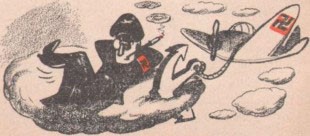 Cartoonish image of a man dressed all in black, with a monocle, reclining on a cloud, his airplane is anchored to the cloud and both have a swastika symbol.