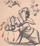 Cartoonish image of a sailor looking up at a bird, and wiping his binoculars with a cloth to clean off the bird droppings.