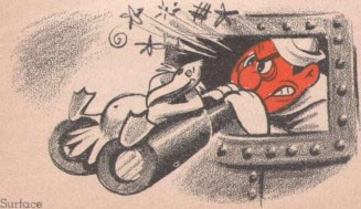 Cartoonish image of a sailor in a turret with a pair of binoculars looking at the surface, a pelican is relaxing on the binoculars.