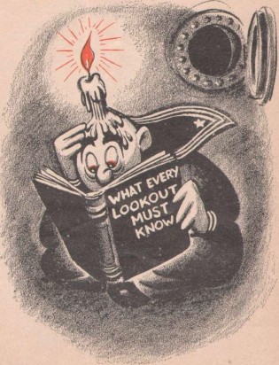 Cartoonish image of a sailor sitting near a porthole in the dark, with a candle on his head reading a book titled What Every Lookout Must Know.