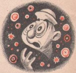 Cartoonish image of a sailors head in darkness surrounded by various sizes of circles, captioned - You find that you are almost blind for a few minutes.