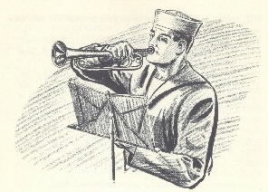 Drawing of bugler in front of music stand.