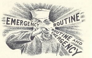 Image of Bugler with the words "emergency," "routine," and "emergency and routine" coming out of the bugle.