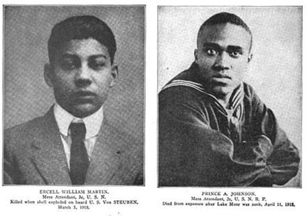 Two portraits: Ercell William Martin (mess attendant) killed when shell exploded on board USS Von Steuben 5 March 1918 and Prince A. Johnson (mess attendant) died from exposure after Lake Moor wassunk 11 April 1918