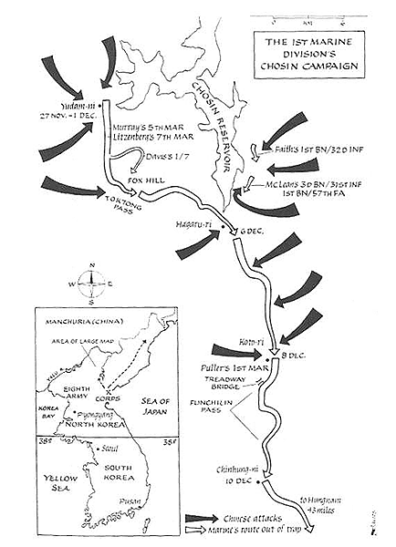 Map: The 1st Marine Division's Chosin Campaign (with inserted map of North & South Korea).