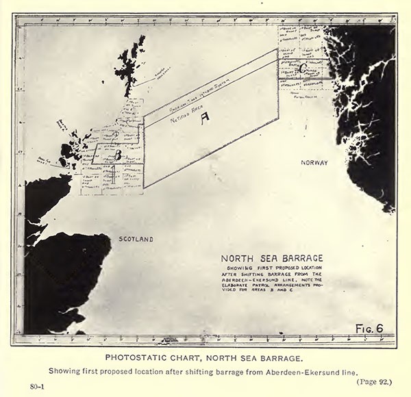 Photostatic chart, North Sea barrage, showing first proposed location after shifting barrage from Aberdeen-Ekersund line.