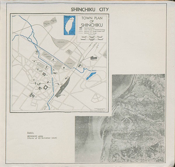 Map: Shinchiku City, Town Plan of Shinchiku showing important buildings, Area or group of important buildings, and railroads. Map to the right: Shinchiku Area: (Photo of 23 November 1943).