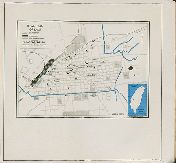 Map: Town Plan of Kagi, showing railroads and important buildings.