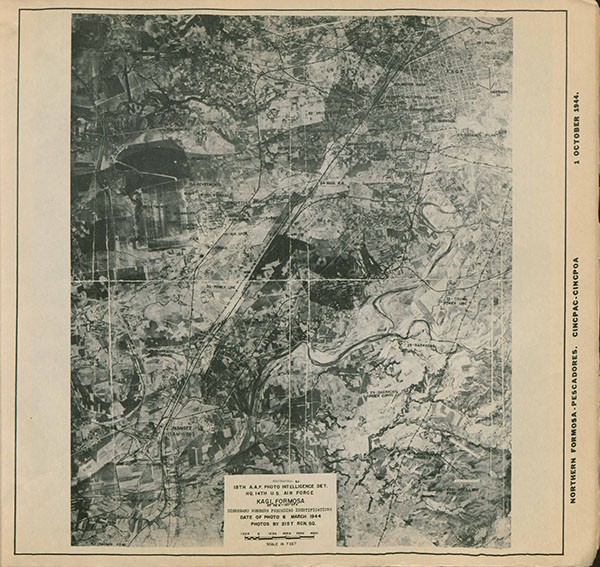 Aerial Map: 18th A.A.F. Photo intelligence Det., H.Q. 14th U.S. Air Force, Kagi, Formosa, disregard numbers preceding identifications, date of photo 6 March 1944, photos by 21st RCN. SQ.