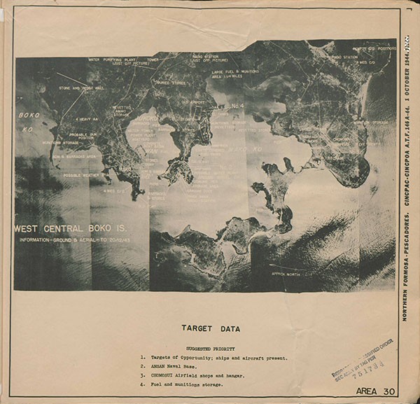 Map: West Central Boko Is., Information-Ground & Aerial - to 20/12/43. Shows target data - suggested priorities: 1. targets of opportunity, ships and aircraft present; 2. ANSAN Naval Base; 3. CHOMOSUI Airfield shops and hangar; 4. Fuel and munitions storage. 