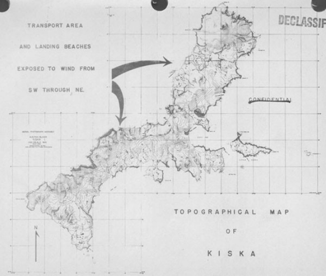 Topographical map of Kiska showing transport area and landing beaches exposed to wind from SW through NE.
