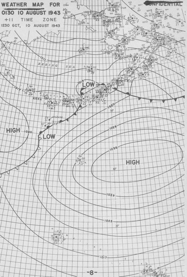Weather map for 0130, 10 August 1943, +11 time zone, 1230 GCT, 10 August 1943.