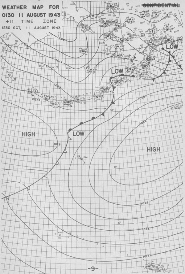 Weather map for 0130, 11 August 1943, +11 time zone, 1230 GCT, 11 August 1943.