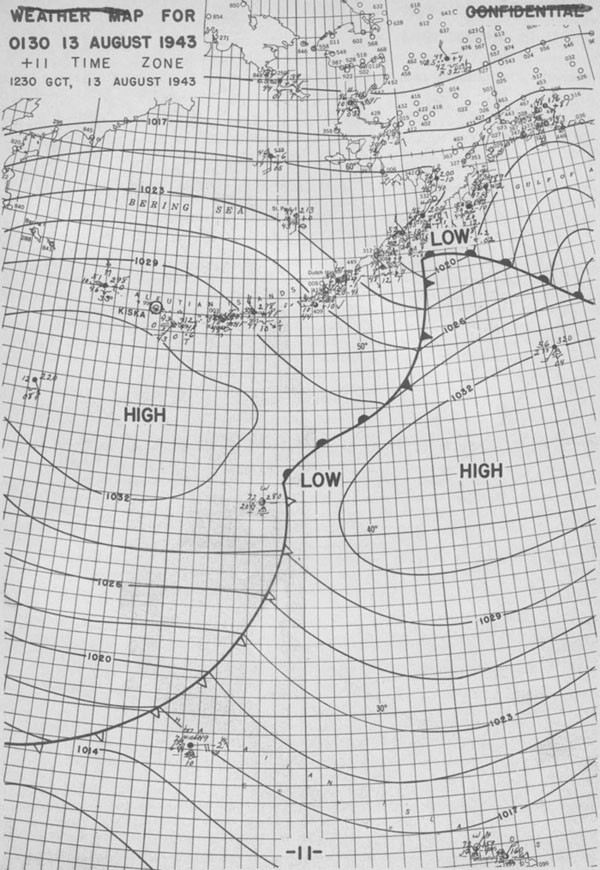 Weather map for 0130, 13 August 1943, +11 time zone, 1230 GCT, 13 August 1943.