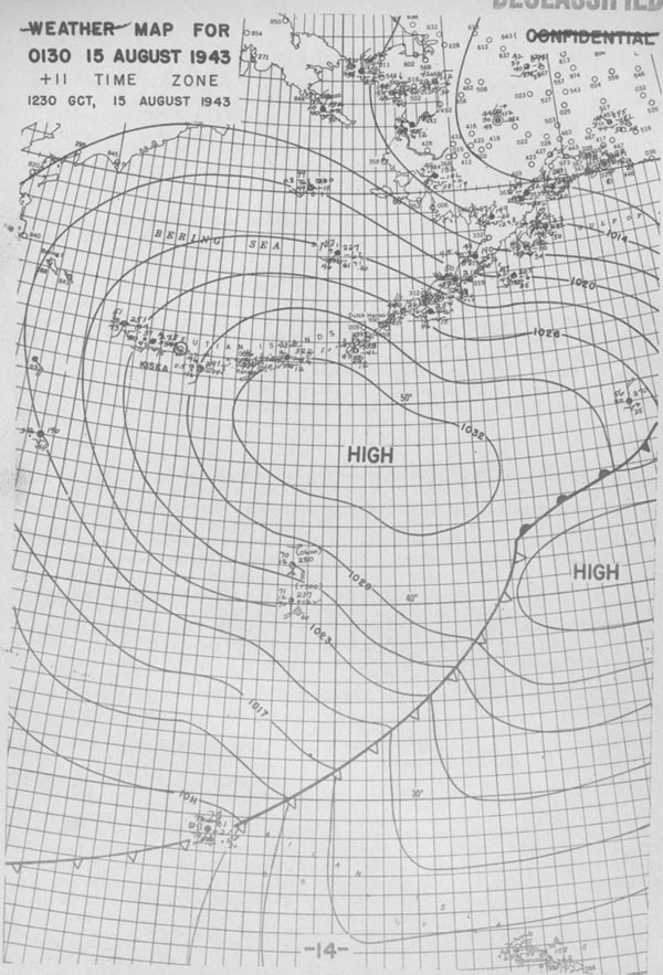 Weather map for 0130, 15 August 1943, +11 time zone, 1230 GCT, 15 August 1943.
